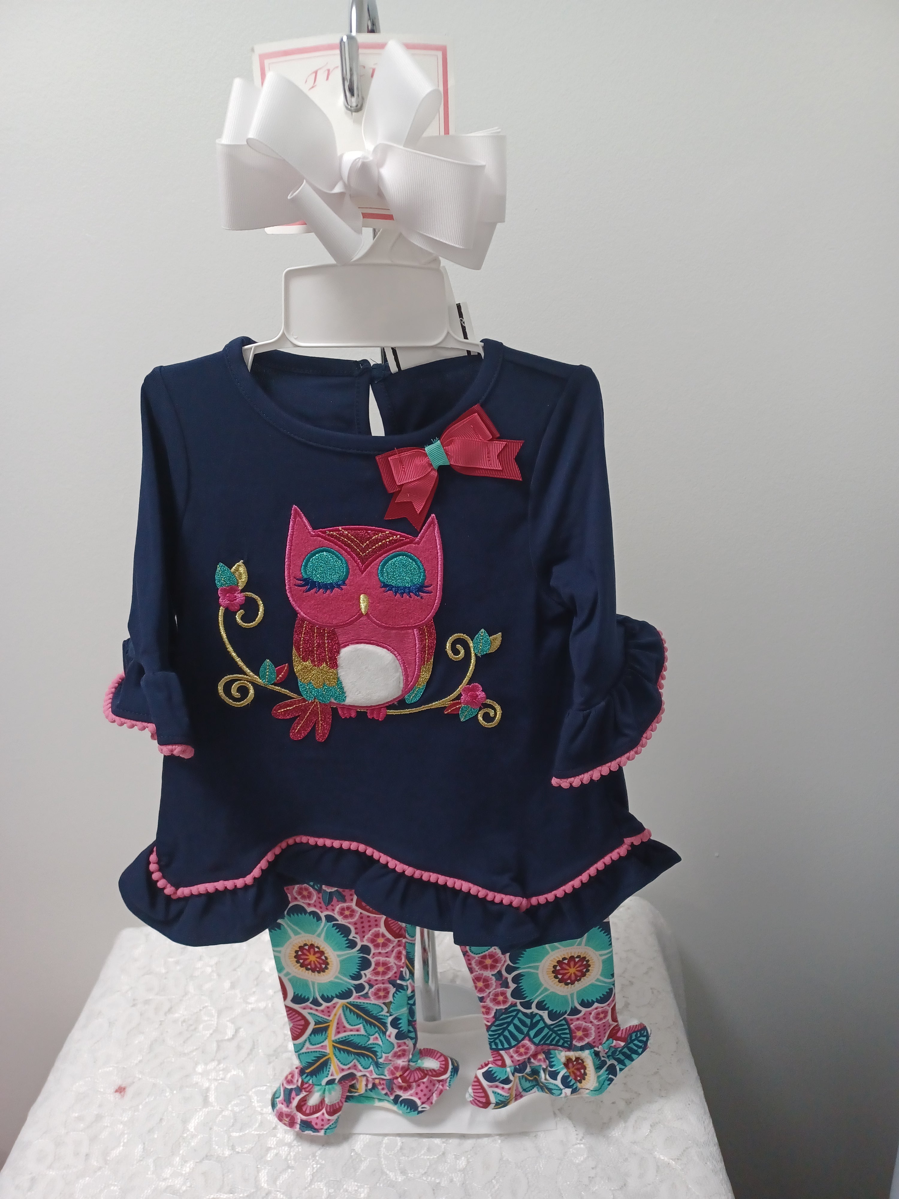 Girls Navy Floral Pant Set With Owl Applique